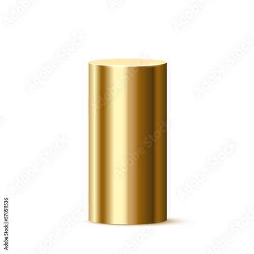 Golden cylinder podium vector illustration. 3D realistic pedestal pipe from gold platform stage for award, round column stand for product display in exhibition