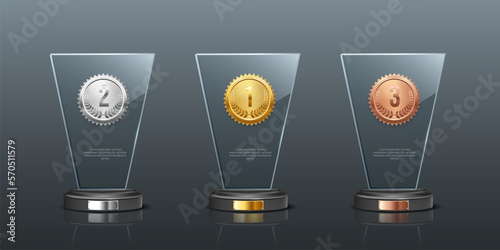 Glass awards realistic vector illustration. Crystal prizes with golden, silver and bronze medals 3D isolated clipart set on gray background. Competition winner rewards. Trophy design elements