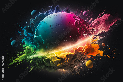 Planets exploding in a colorful rainbow. Generative AI