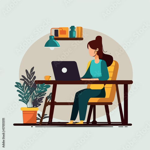 Young woman working using laptop flat cartoon vector illustration