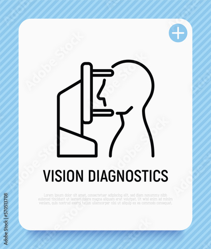 Vision diagnostics: human looking at ophthalmic refractometer. Thin line icon. Modern vector illustration for ophthalmology.