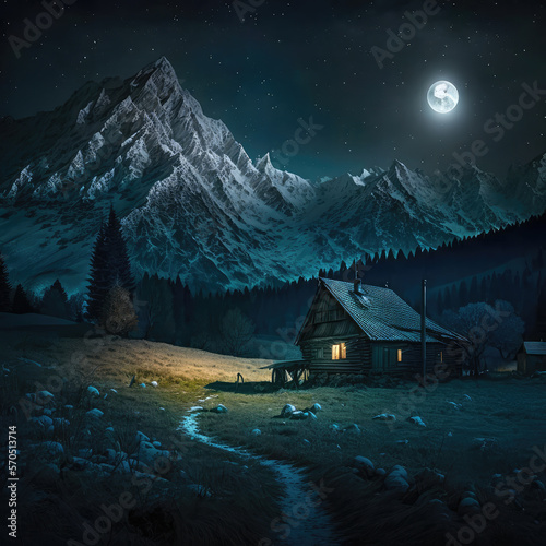 Canvastavla Lonely house in the mountains of Alps on a moonlit night