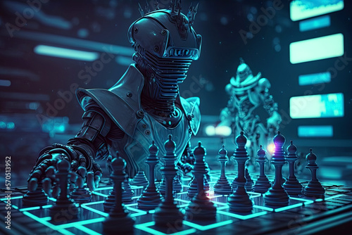 robot with artificial intelligence is playing chess at the table. Concept of future technologies. Generative AI