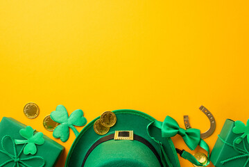 Saint Patrick's Day concept.Top view photo of leprechaun headwear present boxes gold coins trefoils horseshoe and bow-tie on isolated yellow background with empty space