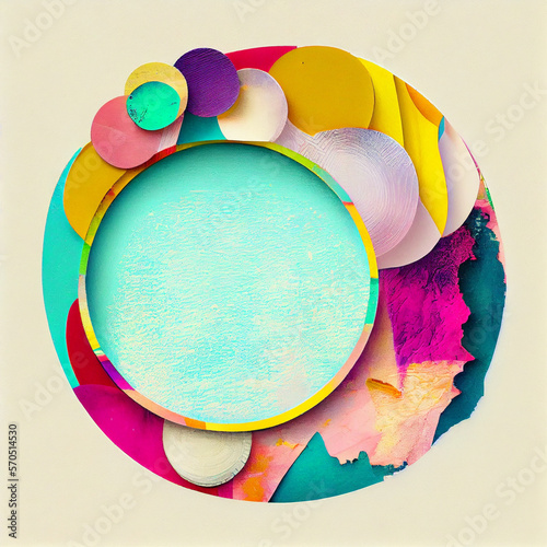 Fun tropical color collage frame plain background, Vibrant mixed media circular design. Minimalistic round frame with cheerful hues. Blank space for unique logo (generative AI, AI)