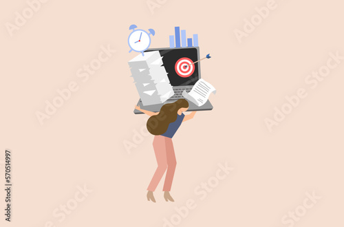 Flat design of busy office worker, businesswoman with overwhelmed work, flat design of work life not balance vector, overwhelming business tasks vector, businesswoman is working hard vector.