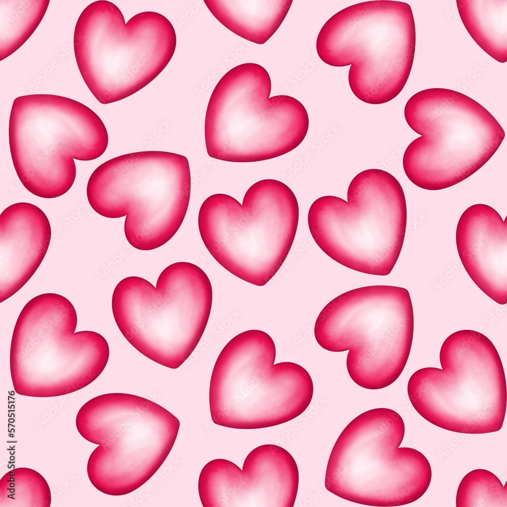 Love seamless pattern with pink hearts. Valentine’s day digital paper isolated on pink background. Digital paper, digital scrapbook, greeting cards, wedding decorations,etc.