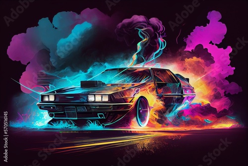 Car with colourful smoke | Cyberpunk Style | Back to the Future | Generative AI photo