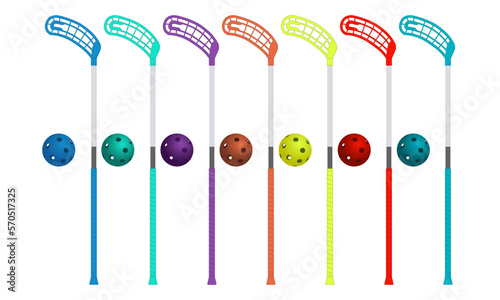 A set of colorful floorball stick and balls on a white background