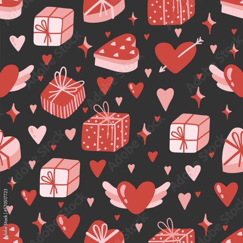 Valentines day pink seamless pattern. Love, hearts, valentine card.