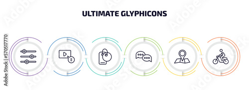 ultimate glyphicons infographic element with outline icons and 6 step or option. ultimate glyphicons icons such as tings bars, video comment, clothes label, message bubble, big map placeholder, man