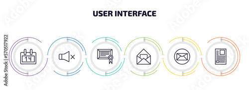 user interface infographic element with outline icons and 6 step or option. user interface icons such as daily calendar day 14, sound off, digital certificate, open letter read email, email envelope
