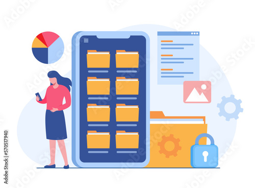 File management administration, data filing concept, folder, gallery, records, database, flat illustration vector template