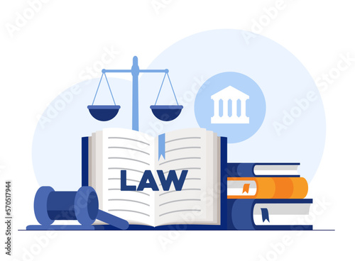 Law and justice scenes. lawyer consulting client, judge knocking with wooden hammer. Legal advice concept. Flat vector illustration banner