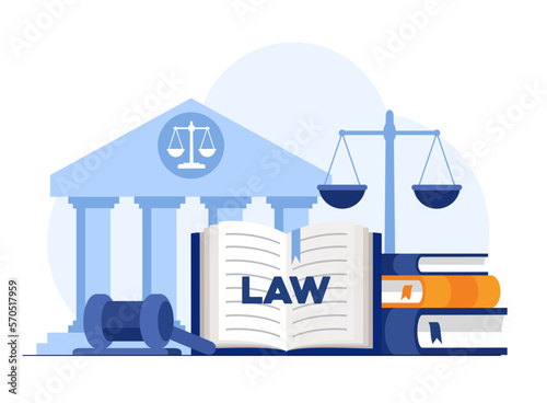 Law and justice scenes. lawyer consulting client, judge knocking with wooden hammer. Legal advice concept. Flat vector illustration banner