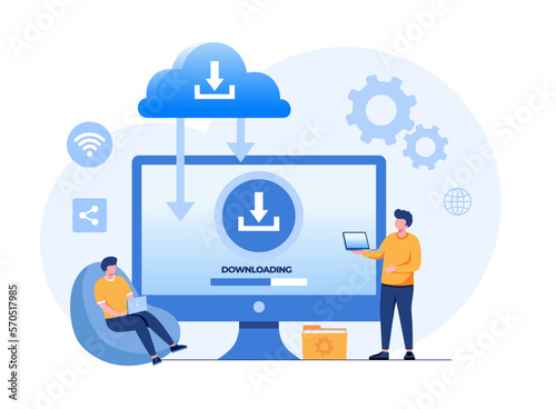 Cloud system, file download, database protection concept, data center, file management, flat illustration vector landing page template