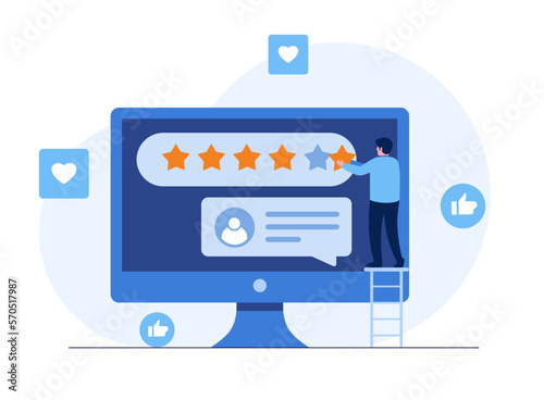 Rate us for 5 stars consumer review, pointing to five stars as a rating result, user rating or feedback. Flat vector illustration banner