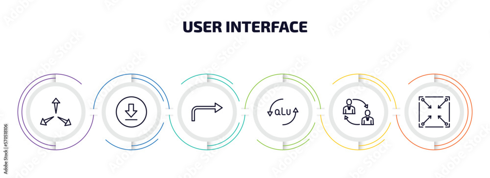 user interface infographic element with outline icons and 6 step or option. user interface icons such as expand arrows, downloading, turn right arrow, alu, job transition, corner widget vector. user interface infographic element with outline icons and 6 step or option. user interface icons such as expand arrows, downloading, turn right arrow, alu, job transition, corner widget vector.