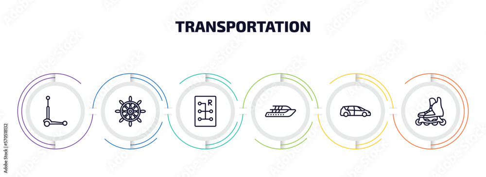 transportation infographic element with outline icons and 6 step or option. transportation icons such as micro scooter, ship helm, gear box, yacht, people carrier, inline skates vector.