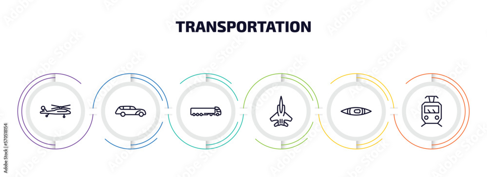 transportation infographic element with outline icons and 6 step or option. transportation icons such as military helicopter, hearse, tanker, army airplane, kayak, tram vector. transportation infographic element with outline icons and 6 step or option. transportation icons such as military helicopter, hearse, tanker, army airplane, kayak, tram vector.