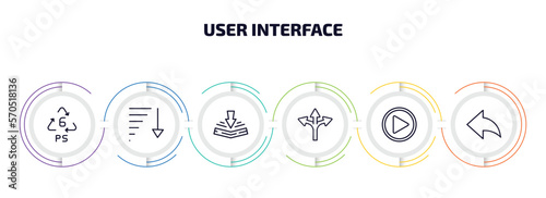 user interface infographic element with outline icons and 6 step or option. user interface icons such as 6 ps, sorting, bending, crossroad, play video button, arrow address back vector.