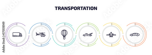 transportation infographic element with outline icons and 6 step or option. transportation icons such as lorry, helicopter profile, hot air balloon, wrecker, airliner, automobile vector.
