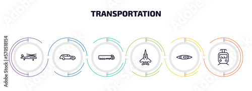 transportation infographic element with outline icons and 6 step or option. transportation icons such as military helicopter, hearse, tanker, army airplane, kayak, tram vector.