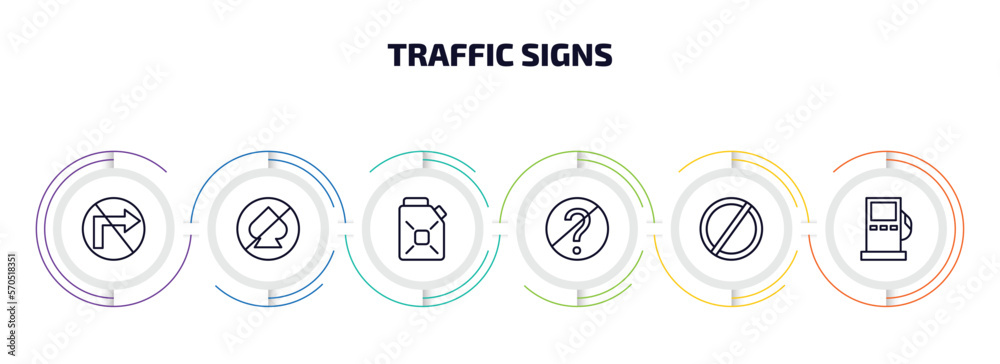 traffic signs infographic element with outline icons and 6 step or option. traffic signs icons such as no turn, no gambling, gasoline, no doubt, forbidden, gas station vector. traffic signs infographic element with outline icons and 6 step or option. traffic signs icons such as no turn, no gambling, gasoline, no doubt, forbidden, gas station vector.