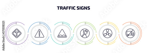traffic signs infographic element with outline icons and 6 step or option. traffic signs icons such as t junction, danger, humps, no plug, nuclear, no trucks vector.