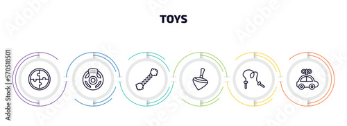 toys infographic element with outline icons and 6 step or option. toys icons such as puzzle toy, steering wheel toy, puppy toy, spinning skipping rope car vector.