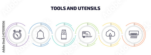 tools and utensils infographic element with outline icons and 6 step or option. tools and utensils icons such as timer round clock, hanging bell, top load washer, house on wheels, up arrow cloud,