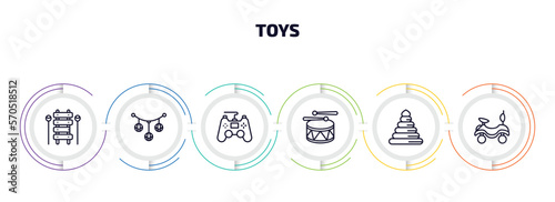 toys infographic element with outline icons and 6 step or option. toys icons such as xylophone toy, pram toy, gamepad toy, drum circle ride on vector.
