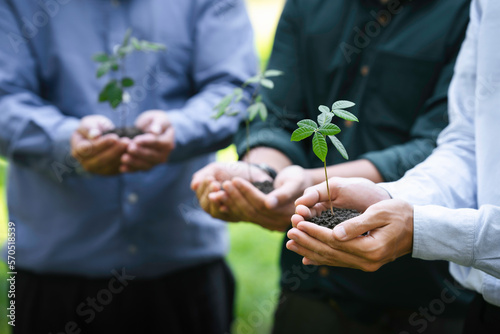Businessmen and community together planting trees for sustainable development goals. company or businesses and corporations that care about the environment and ecosystem in greenery company