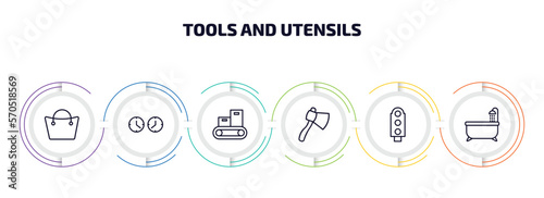 tools and utensils infographic element with outline icons and 6 step or option. tools and utensils icons such as bag with big handle, clocks, packing hine, hand axe, semaphore light, bath tub