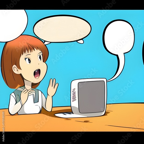 Woman talking to AI box with speech bubbles