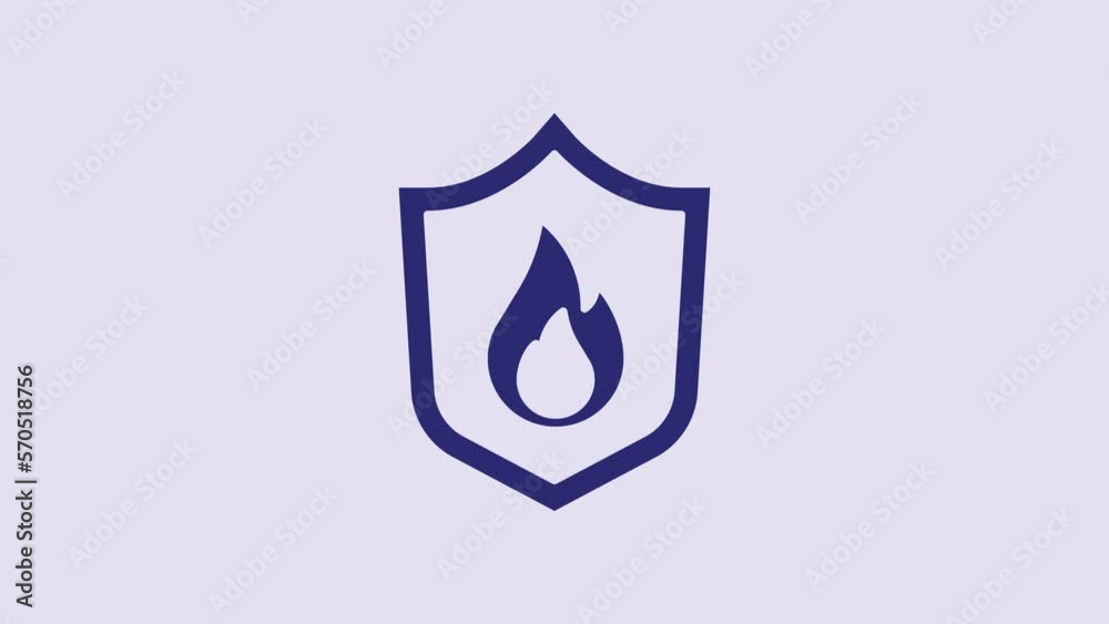 Blue Fire protection shield icon isolated on purple background. Insurance concept. Security, safety, protection, protect concept. 4K Video motion graphic animation