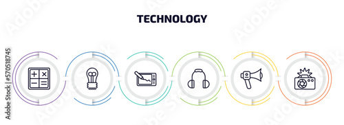 technology infographic element with outline icons and 6 step or option. technology icons such as mathematical operations, light bulb turned off, drawing tablet, big headphones, modern horn, camera