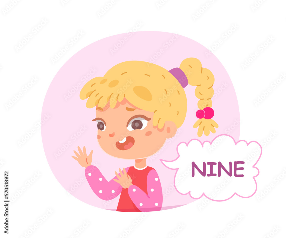 Kid counting to nine vector illustration. Cartoon isolated cute preschool girl inside pink figure showing 9 fingers gesture to count and study numbers, arithmetic and basic math in kindergarten Kid counting to nine vector illustration. Cartoon isolated cute preschool girl inside pink figure showing 9 fingers gesture to count and study numbers, arithmetic and basic math in kindergarten