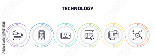 technology infographic element with outline icons and 6 step or option. technology icons such as wired connection, touristic, receive, content marketing, fax phone, affiliate marketing vector.