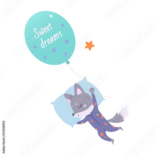 Cute wolf in pajamas dreaming on pillow, sleepy baby forest animal flying on balloon