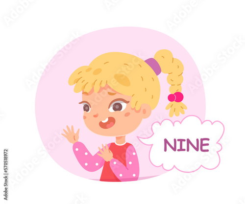 Kid counting to nine vector illustration. Cartoon isolated cute preschool girl inside pink figure showing 9 fingers gesture to count and study numbers  arithmetic and basic math in kindergarten