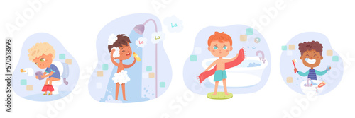 Daily hygiene of boys set vector illustration. Cartoon cute little kids brush teeth, care and clean face and body with water in bathroom, sitting on toilet bowl, good healthy habits and discipline