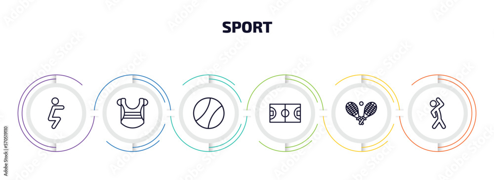sport infographic element with outline icons and 6 step or option. sport icons such as squat, chest guard, tennis sport ball, basketball court, tennis game, aerobics vector. sport infographic element with outline icons and 6 step or option. sport icons such as squat, chest guard, tennis sport ball, basketball court, tennis game, aerobics vector.