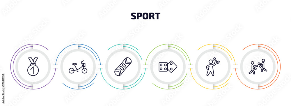 sport infographic element with outline icons and 6 step or option. sport icons such as medal with number 1, bicycle for children, snowboard, board gaming, dumbbell for training, boxing vector. sport infographic element with outline icons and 6 step or option. sport icons such as medal with number 1, bicycle for children, snowboard, board gaming, dumbbell for training, boxing vector.
