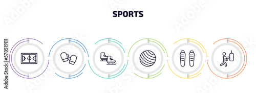 sports infographic element with outline icons and 6 step or option. sports icons such as football pitch, boxing glove, ice skates, exercise ball, shin guards, man punching vector.