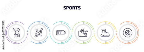 sports infographic element with outline icons and 6 step or option. sports icons such as breakdance, aikido, batter, snow slide zone, ski boots, football ball circular vector.