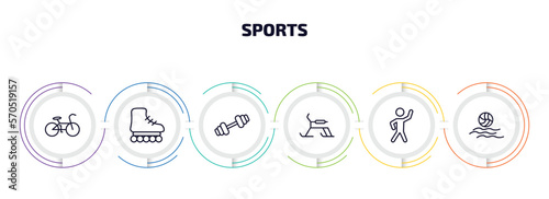 sports infographic element with outline icons and 6 step or option. sports icons such as race bike, roller skate, gym weight, skibob, stretching, waterpolo vector.