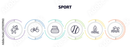 sport infographic element with outline icons and 6 step or option. sport icons such as man award, racing bike, curling, baseball ball, surf, swimming vector.