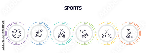 sports infographic element with outline icons and 6 step or option. sports icons such as football, long jump, pedestrian walking, cartwheel, fencing, golf player hitting vector.