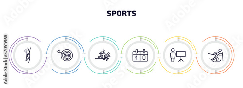 sports infographic element with outline icons and 6 step or option. sports icons such as climbing with rope, dartboard and dart, running a race, scoreboard, training, skier skiing vector.